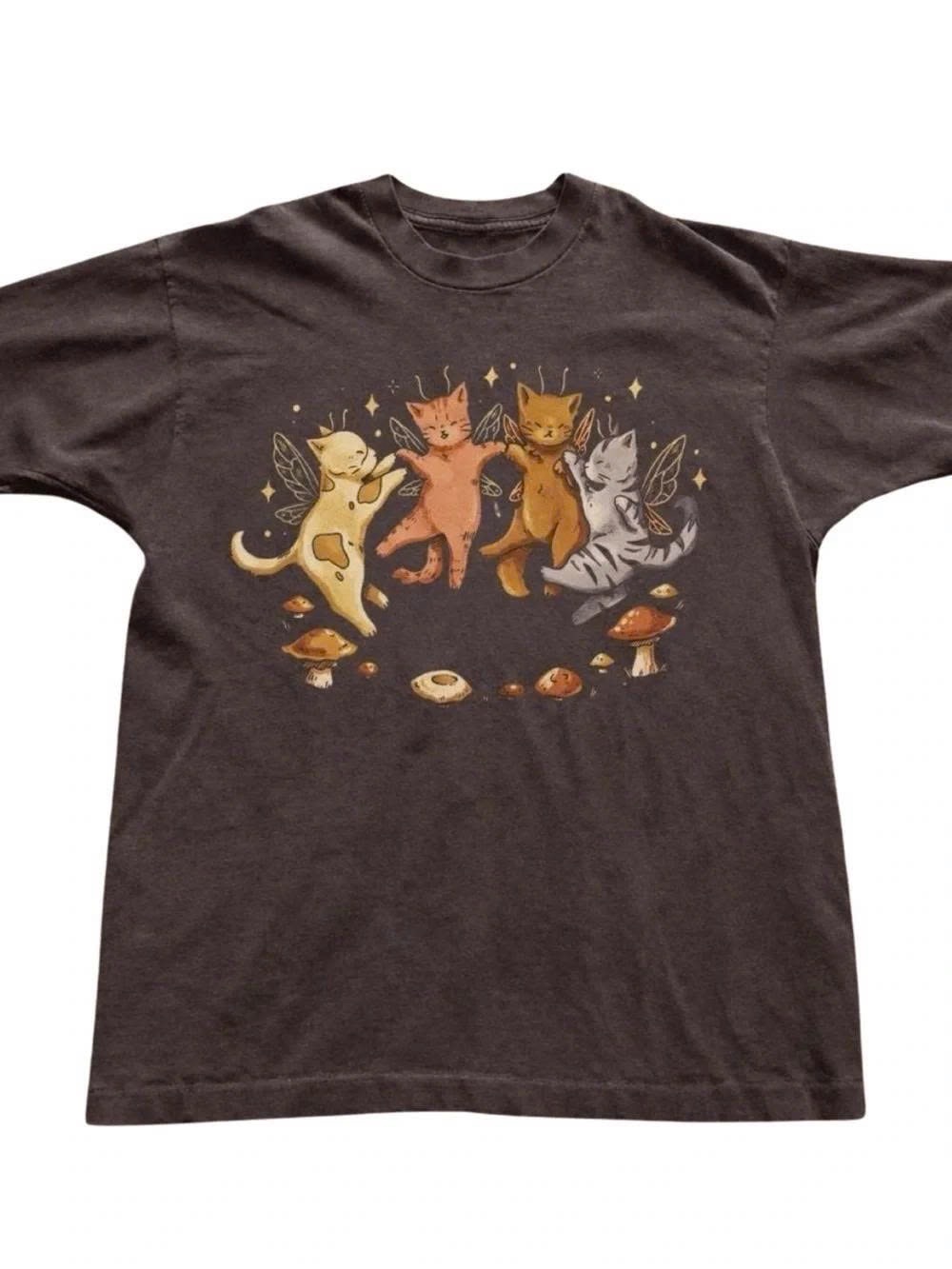 Whimsical Dancing Cats Graphic Tee - Brown